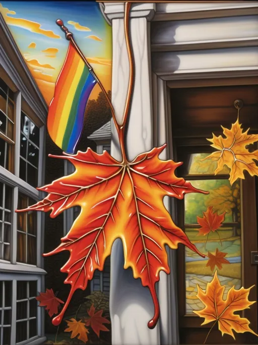 Prompt: (Art) A Seven Wonders Art Glass Studio painting, (detailed RENAISSANCE) scene featuring an Autumn maple leaf, nestled in front of the studio's porch, vibrant gay flag in the background, (bright and magical qualities) of glass and porcelain, imbued with enchanting hues, (honoring Nuit and Horus) atmosphere evoking mystery and reverence, (ultra-detailed) textures that capture the light beautifully, (warm, inviting) ambiance of creativity and celebration.