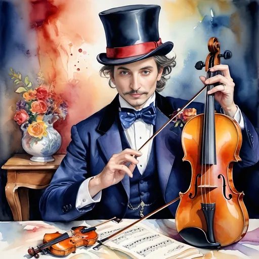 Prompt: (Hearing in Color) vibrant watercolor still life, (Renaissance art) portrait of a magician, wearing an elegant top hat, a violin gracefully positioned by his side, colorvisual sound waves flowing in and out of ears, rich and vivid hues, swirling patterns, dreamy ambiance, dynamic elements, enchanting atmosphere, ultra-detailed, masterful composition.