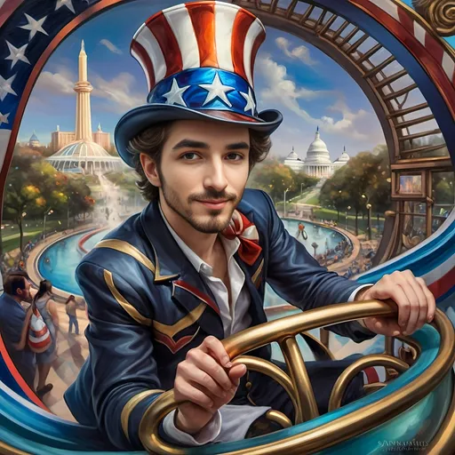 Prompt: (A Seven Wonders Art Glass Studio masterpiece) painting of a man wearing a patriotic hat, (thrilling pose) riding the Freedom rollercoaster, (vibrant colors), scenic background of Freedom Park in D.C., (dynamic movement), celebrating freedom, eternal spark of joy, whimsical ambiance, soft warm lighting, highly detailed, clarity, engaging and joyful atmosphere, surrounded by delighted visitors, landmarks in the distance.