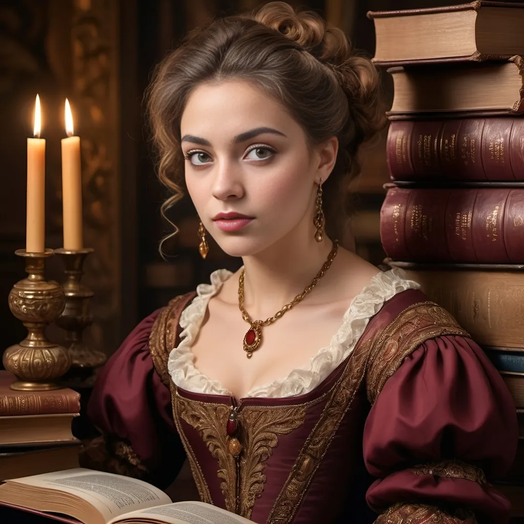 Prompt: Baroque-style portrait, (detailed facial features), (expressive eyes), (elegant attire), rich textures, warm amber and deep burgundy tones, soft dramatic lighting, ornate background of books and scholarly objects, conveys wisdom and cultural significance, intricate details, historical atmosphere, ultra-detailed, high quality, captivating expression.