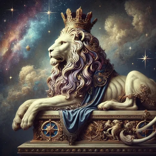 Prompt: (lion statue with a crown), enchanting sky background, twinkling stars, soft wisps of clouds, (fantasy art), mesmerizing colors, (Art Deco painting style), ornate details, ethereal ambiance, intricate textures, (global illumination), cinematic glow, (Chris LaBrooy influence), high quality, ultra-detailed, dreamlike atmosphere.