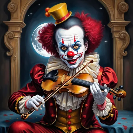 Prompt: a painting of a dark headed clown with a gold violin and a ball in front of him, with a red clown's face painted on it, magical ambiance, friendly, highly detailed digital painting, an ultrafine detailed painting.  Add Renaissance background.  Adorn with mystic florals.  Add moon influences