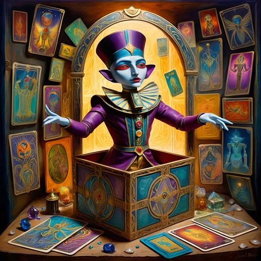 Prompt: A 7 Wonders Art Glass Studio painting of a puppet in a box (Jack-in-the-Box) surrounded by Thoth Taro cards (Honoring Nuit) and a mirror with a face on it and esoteric magic in the background