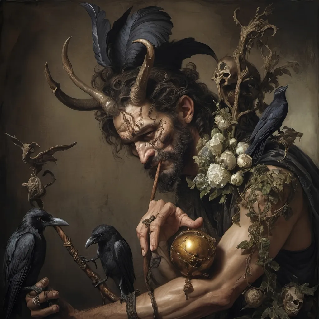 Prompt: (Renaissance still life) (man magician satyr), (dark color scheme), (elegant pose), intricately detailed horns, holding a cane topped with a (skull orb), a menacing (skull orc) at his side, a (crow) gracefully perched on his shoulder, rich textures, captivating shadows, high contrast highlights, evoking a sense of mystical allure, enhanced with (ultra-detailed) features, atmospheric depth and somber elegance.