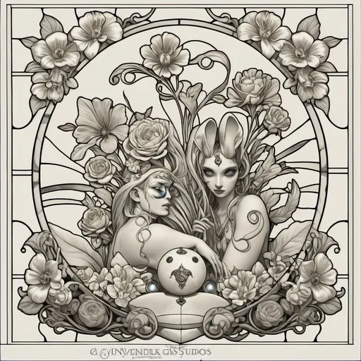 Prompt: A Seven Wonders Art Glass Studio (SWAG) window pattern (traced image) with a rabbit and flowers in it, and a sunburst above it, and a stained glass window with flowers and leaves, art nouveau, intricate linework, lineart.  (Honoring Nuit)