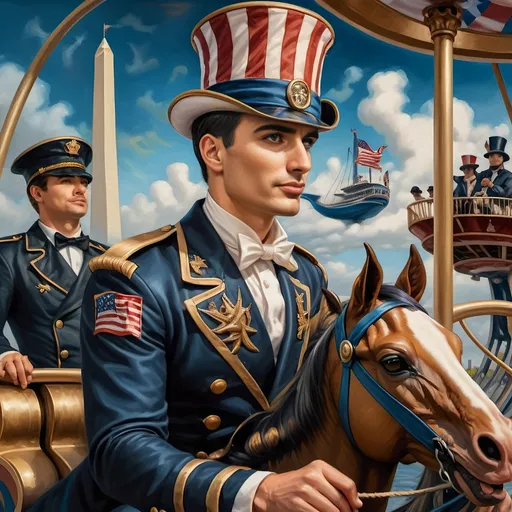 Prompt: (Acrylic painting of a magician man), wearing a (patriotic top hat), joyfully riding a (whimsical rollercoaster) in Liberty Park, with (HD details), vibrant colors, and enchanting motifs. The scene features the (Washington Monument) in the background, as well as the phrase (accurately spelled text "Yankee Doodle"). An aura of celebration and magic surrounds the image, honoring Nuit and the Aeon of Horus.