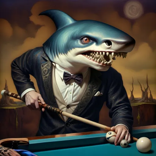 Prompt: (shark in a suit, playing pool), fine art, (pop surrealism) influences, classical painting style, whimsical atmosphere, (detailed textures), vibrant color tones, deep blues and greens, mixed with rich burgundies, engaging composition, pool cues and balls (surreal twist), intricately painted background with elements of artistry, 4K quality, (evocative mood), inspired by 7 Wonders Art Glass Studio, honoring Nuit.