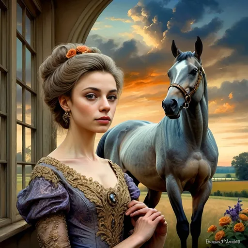 Prompt: (Honoring Nuit), highly detailed (oil painting), thoroughbred horse (majestic posture) on a Kentucky farm, stunning evening dusk lighting, soft illuminated clouds, warm hues of orange and purple blending over fields, rich textures of horse's coat, serene rural landscape (tranquil atmosphere), lush greenery in the background, ultra-detailed, artistic masterpiece showcasing equine beauty at sunset.