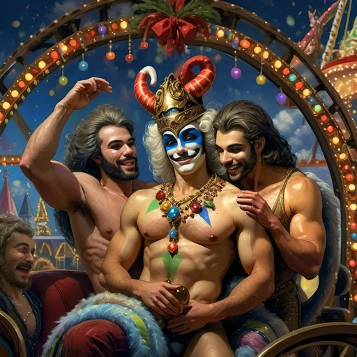 Prompt: (Honoring Nuit), vibrant oil painting of a lively group of drag queens riding a roller coaster, ecstatic expressions, in a whimsical carnival setting, colorful ferris wheel glowing in the background, (rainbow) painted on the coaster's side, bright blue sky filled with fluffy clouds, joyous atmosphere, high energy, ultra-detailed, cinematic masterpiece.