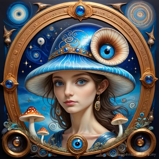 Prompt: (7 Wonders Art Glass Studio masterpiece), oil painting, (honoring Nuit), magical mushroom, (vibrant blue shell), (striking blue eye), Eye of Horus, rich textures, dreamy atmosphere, whimsical background, stars and cosmic elements, (ethereal lighting), enchanting details, high-quality, ultra-detailed composition, surreal and imaginative style.