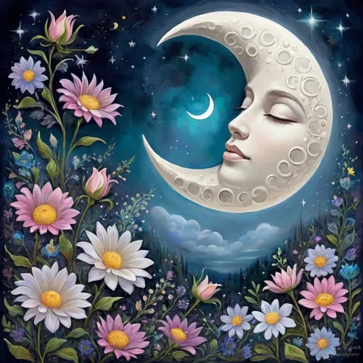 Prompt: (accurately spelled text "the moon is in the sky"), painting of flowers, (serene) moonlit night, honoring Nuit, vibrant colors, intricate details, floral motifs, celestial atmosphere, ethereal glow, high-resolution fantasy art, framed artwork, whimsical elements, (HD) digital masterpiece, enchanting ambiance, lush blooms filled with magic, awe-inspiring moonlight, combining nature and celestial beauty.