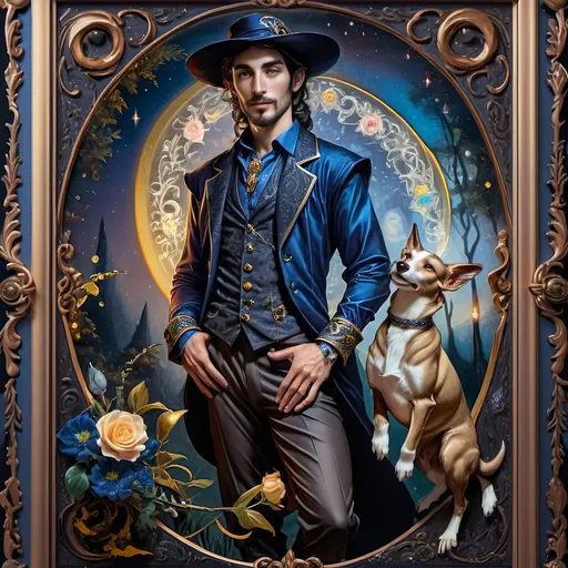 Prompt: (7 Wonders Art Glass Studio), (Renaissance portrait), half man, half goat, elegantly dressed in a suit and tie, beside a loyal dog, encased in a decorative frame adorned with vibrant flowers, lush forest background, exuding a mystical atmosphere, (esoteric themes), reverence for Nuit, high quality, masterful details, rich colors, atmospheric lighting, captivating composition.