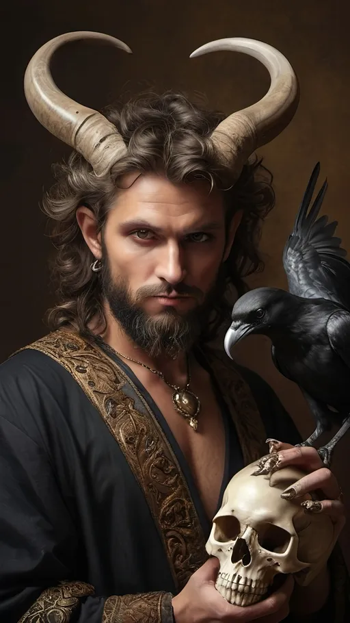 Prompt: (Renaissance still life) (man magician satyr), (horns), holding a cane with skull orc (crow perched on his shoulder), elegant pose, stylized cane topped with a (skull orb)