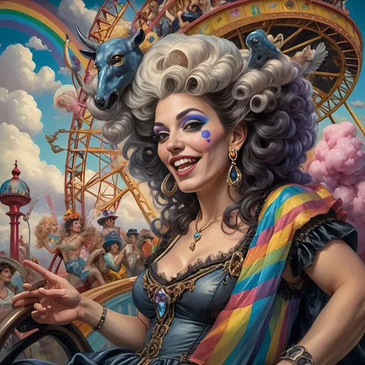 Prompt: (honoring nuit), a mesmerizing painting of colorful drag queens exuding joy and fabulousness while riding a roller coaster, vibrant (rainbow) painted on the side, a whimsical ferris wheel creating a festive atmosphere in the background, whimsical cotton candy clouds, (dynamic movement), warm pastel colors enhancing the lively scene, ultra-detailed, high-quality artwork capturing a celebratory ambiance.