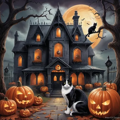 Prompt: a halloween scene with pumpkins and a house with a ghost on it and a cat sitting in front of it, Anne Stokes, gothic art, horror theme, poster art