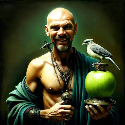 Prompt: (renaissance style), dark color scheme, a man with a horned head, a bird perched on his shoulder, holding a lamp in one hand, a green apple in the other, inspired by Esao Andrews, (highly detailed), fantasy art, character portrait, intricate details, rich textures, dramatic lighting, moody ambiance, ultra-detailed digital painting.