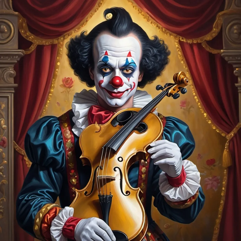 Prompt: a painting of a dark headed male clown with a gold violin and a ball in front of him, with a red clown's face painted on it, magical ambiance, friendly, highly detailed digital painting, an ultrafine detailed painting.  Add Renaissance background.  Adorn with mystic florals.  Add sun influences.  Add influences of the God Nuit