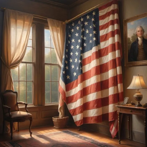 Prompt: (large American flag), draped elegantly in a cozy room, soft light from (lamp) casting warm shadows, serene ambiance, (window) revealing a beautiful outdoor scene, (highly detailed oil painting), inspired by Benjamin West, fine art masterpiece, rich colors, dynamic textures, subtle brush strokes, inviting composition, perfect for an art lover's collection, 4K quality.