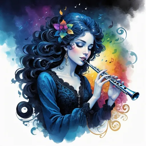 Prompt: Baroque style (rich and ornate elements), dark color scheme (deep blues and blacks), flute with flowing musical notes, vibrant rainbow backdrop, layered effects, (fantasy art), highly detailed digital art, intricate textures, storybook illustration quality, dramatic shadowing, whimsical atmosphere, enchanting, emotional depth, harmonious composition, captivating visual narrative.