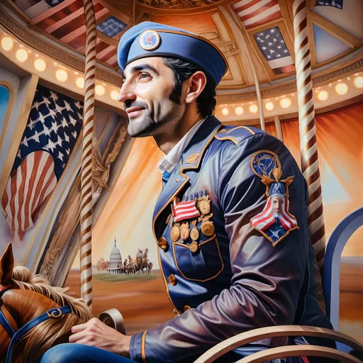 Prompt: (A Seven Wonders Art Glass Studio), oil renaissance painting, (vibrant colors), a man in military uniform, proudly riding on a Carousel of Heroes, surrounded by gracefully carved horses, soft, glowing ambiance, honoring veterans and those serving in the U.S. Military, warm golden lighting, intricate details in the uniform, carousel with richly adorned decorations, respectful atmosphere, high quality, ultra-detailed.