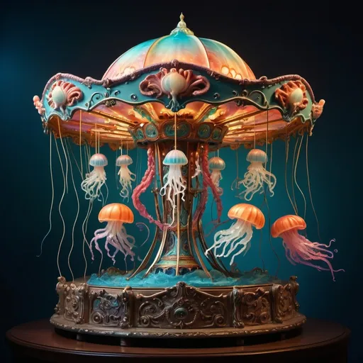 Prompt: (kinetic art), whimsical (surrealistic sculpture), a carousel featuring a (jellyfish on the top), and a (jellyfish on its side), vibrant colors, dreamlike atmosphere, highly detailed textures, intricate designs, playful and imaginative setting, surrounded by a fantastical background, ultra-detailed, mesmerizing composition, rich contrasts, soft illumination to emphasize movement and enchantment.