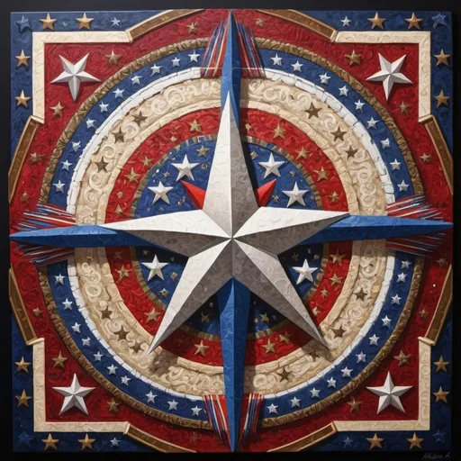 Prompt: (detailed painting), (symbolic star), vibrant colors of the United States, intricate symbols representing America, rich textures, depth in colors, blend of traditional and modern regionalism themes, expressing unity and diversity, profound visual storytelling, captures the essence of American identity, ultra-detailed, a masterpiece celebrating the spirit of the nation.