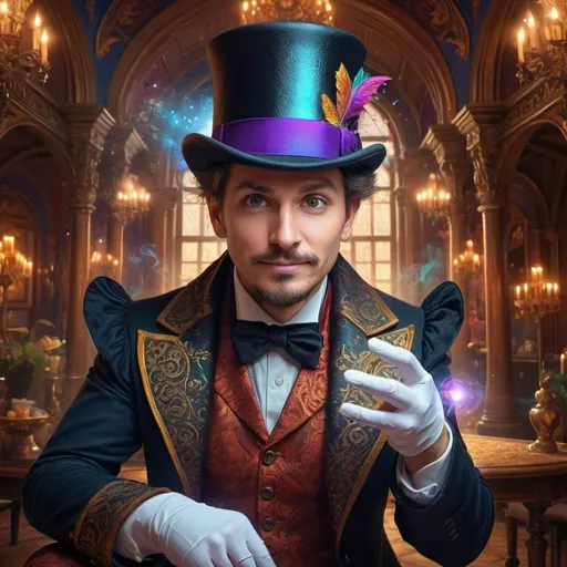 Prompt:  (magician with top hat), (magical ambiance), intricate details, cheerful expression, (ultra-fine detailed digital painting), vibrant colors, dramatic lighting, Renaissance background with ornate architecture, whimsical elements, captivating aura, enchanting atmosphere, showcasing magical effects and sparkles, (4K), enchanting scene, visually stunning masterpiece.