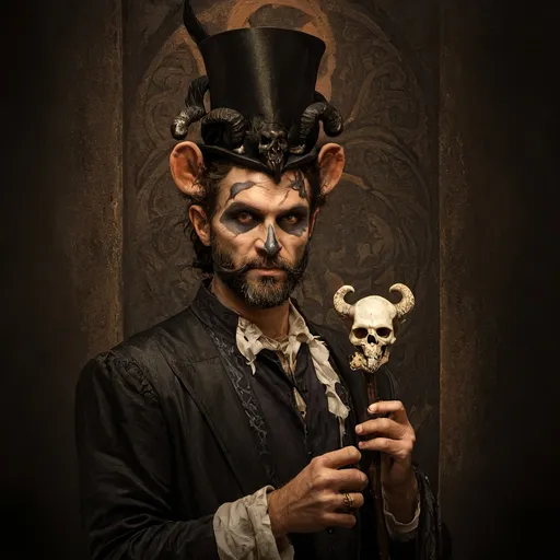 Prompt: (Renaissance still life), (man magician satyr), (dark color scheme), (elegant pose), (horns), holding a cane with skull orc, (crow perched on his shoulder), intricate details, moody ambiance, dim celestial lighting, rich textures, dramatic shadows, (stylized cane topped with a skull orb), ultra-detailed, high quality, evocative atmosphere.