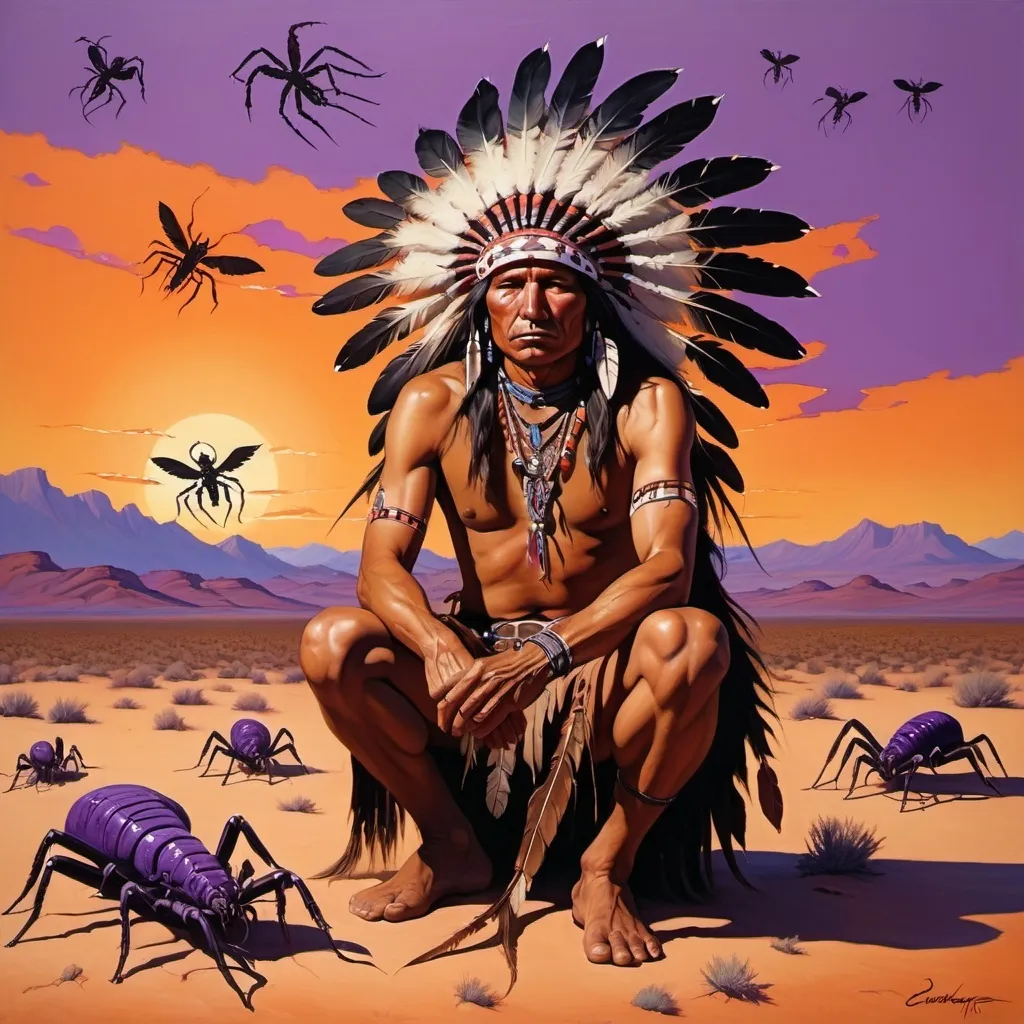 Prompt: (painting of a native american man), surrounded by scorpions, set against a vivid desert landscape, (sunset colors of orange and purple), influenced by Edward Otho Cresap Ord, II, stylistic elements of western comic book art, masterful use of texture, capturing serene yet striking atmosphere, ancient wisdom and raw nature, ultra-detailed, fine art painting.