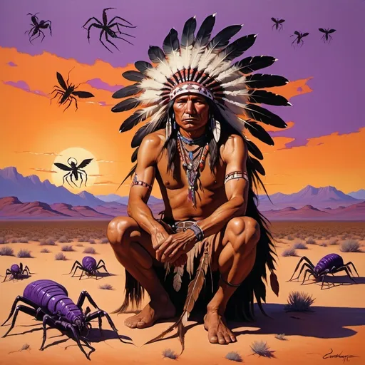 Prompt: (painting of a native american man), surrounded by scorpions, set against a vivid desert landscape, (sunset colors of orange and purple), influenced by Edward Otho Cresap Ord, II, stylistic elements of western comic book art, masterful use of texture, capturing serene yet striking atmosphere, ancient wisdom and raw nature, ultra-detailed, fine art painting.