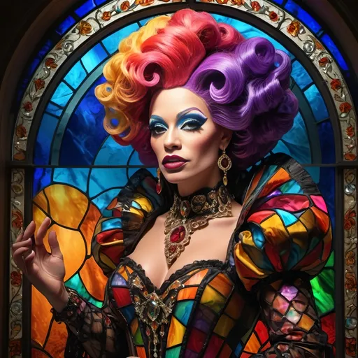 Prompt: (still life portrait), (stained glass artisan drag queen), (baroque style), highly detailed, brilliant colors, psychedelic patterns, intricate glass texture, warm lighting, decorative elements, ornate background, opulent ambiance, luxurious vibe, vivid contrast, ethereal atmosphere, artful composition, 4K quality, ultra-detailed, radiant reflections, artistic masterpiece.