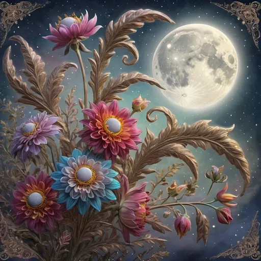 Prompt: (accurately spelled text "the moon is in the sky"), vibrant (flowers in various colors), luminous (moon casting a gentle glow), enchanting night sky, intricate patterns, rich textures, elegant frame, (fantasy art), whimsical atmosphere, highly detailed digital painting, ethereal luminescence, 4K quality, visually captivating composition.