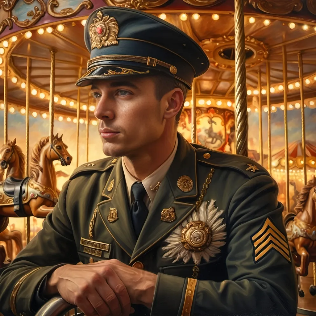 Prompt: a painting of a man in uniform on a carousel with a carousel horse in the background and a carousel with lights, Bob Byerley, fantastic realism, highly detailed oil painting, a photorealistic painting