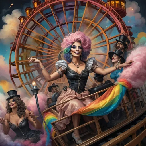 Prompt: (honoring nuit), a mesmerizing painting of colorful drag queens exuding joy and fabulousness while riding a roller coaster, vibrant (rainbow) painted on the side, a whimsical ferris wheel creating a festive atmosphere in the background, whimsical cotton candy clouds, (dynamic movement), warm pastel colors enhancing the lively scene, ultra-detailed, high-quality artwork capturing a celebratory ambiance.