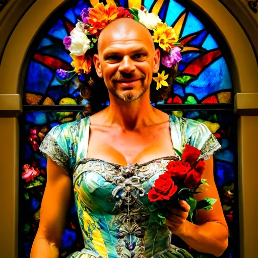 Prompt: a woman with a colorful dress and flowers in her hair and a stained glass window behind her is a stained glass window, David LaChapelle, rococo, promotional image, a character portrait