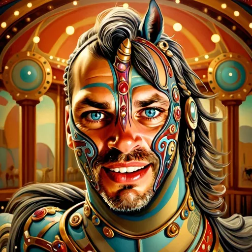 Prompt: (ultrafine detailed painting), Carousel of Dreams, (art deco style), pastel color scheme, whimsical and imaginative atmosphere, intricate carousel design, beautifully adorned horses, Dirk Crabeth inspiration, pop surrealism elements, high-quality digital art, vibrant contrasts, dreamy landscapes in the background, soft lighting conveying a sense of wonder and nostalgia, (highly detailed).