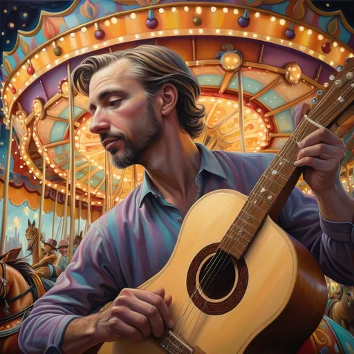 Prompt: a painting of a man holding a guitar while riding carousel Carousel of Dreams) in honor of Nuit,  in front of a carousel ride with a carousel in the background, Aaron Jasinski, fantastic realism, pj crook, a detailed painting