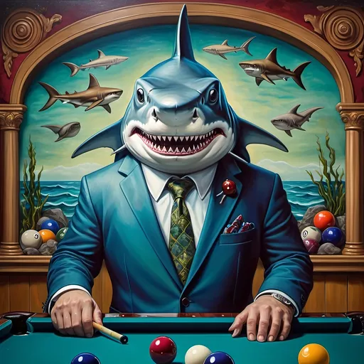 Prompt: (shark in a suit, playing pool), fine art, (pop surrealism) influences, classical painting style, whimsical atmosphere, (detailed textures), vibrant color tones, deep blues and greens, mixed with rich burgundies, engaging composition, pool cues and balls (surreal twist), intricately painted background with elements of artistry, 4K quality, (evocative mood), inspired by 7 Wonders Art Glass Studio, honoring Nuit.