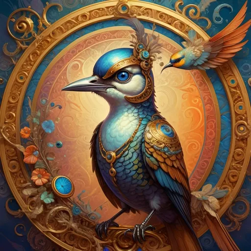 Prompt: a painting of a colorful bird with a circular background and a gold ring around it's neck and a blue eye, Android Jones, psychedelic art, highly detailed digital painting, a detailed painting