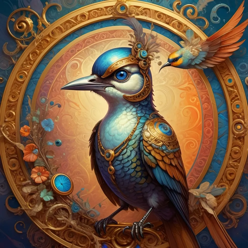 Prompt: a painting of a colorful bird with a circular background and a gold ring around it's neck and a blue eye, Android Jones, psychedelic art, highly detailed digital painting, a detailed painting