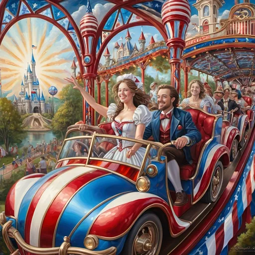 Prompt: (Renaissance oil on canvas) fine detail new amusement park called’Liberty Park” where all themes and rides center around Americana and patriotism.  Magical roller coaster for Magicians woman magician in mask in first roller coaster car made of stained glass