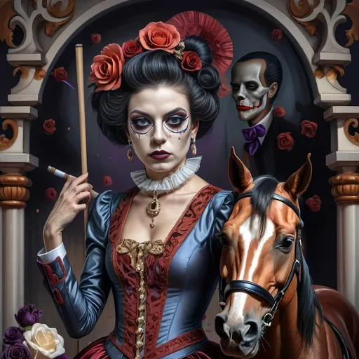 Prompt: A Seven Wonders Art Glass Studio portrait painting of a horse jockey and his horse at the Kentucky Derby.  Renaissance period with Art Deco style attire and style.   a painting honoring Nuit in colors of azure, gold, and purples.