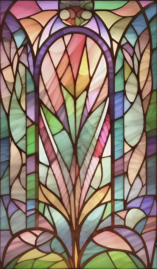 Prompt: (Art Deco tulip flower), detailed stained glass window design, central stem feature, (vibrant colors), capturing the essence of the Arts and Crafts movement, exquisite craftsmanship of Brothers Hildebrandt, modern Art Deco aesthetic, dynamic light play through glass, intricate patterns, high depth, 4K quality, elegant ambiance, artistic masterpiece.