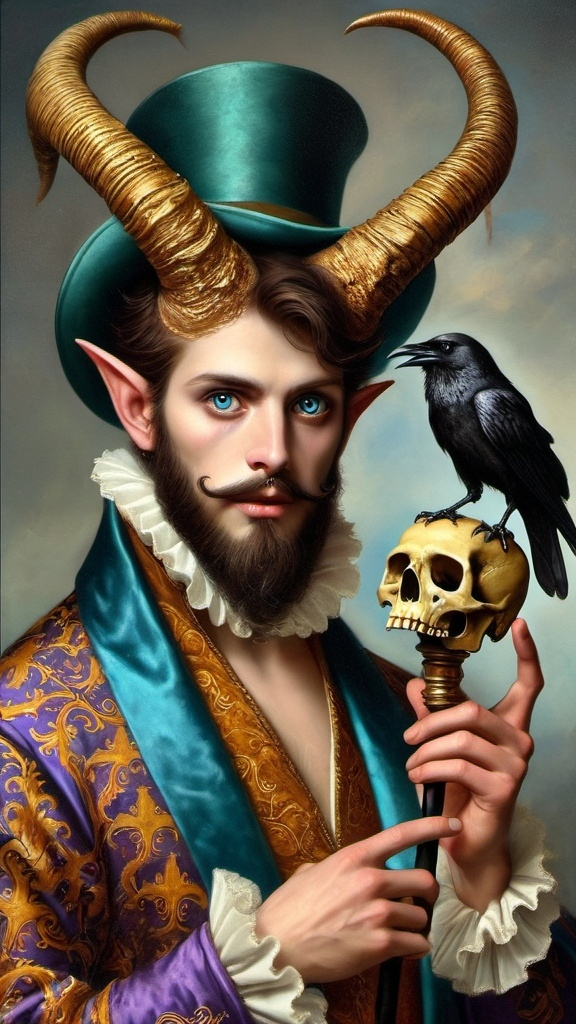 Prompt: a man with a skull and a horned head holding a skull and a crow on his shoulder and a skull in his hand, Anne Stokes, gothic art, dark fantasy art, a fine art painting