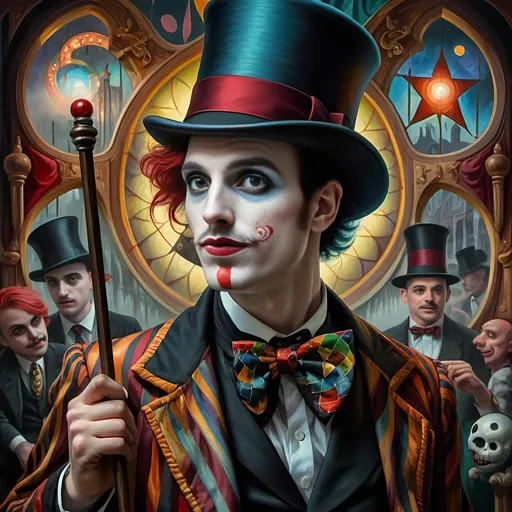 Prompt: (A psychedelic oil painting) of a magician, (a man with a top hat and cane), vivid color palette, enchanting scene, intricate stained glass window behind him, whimsical patterns, surreal atmosphere, mystic aura, high contrast lighting, art reflecting the imaginative essence of seven wonders, (ultra-detailed), captivating and dreamlike ambiance.