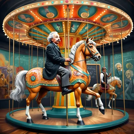 Prompt: (Carousel of Science), (Art Deco style), vibrant color scheme, painting of Albert Einstein on a carousel, horse in front, chalkboard in background, (highly detailed), digital painting, ultrafine detail, cinematic depth, playful ambiance, complex patterns and geometric shapes common in Art Deco, intricate costume details on Einstein, serene yet whimsical mood, HD quality.