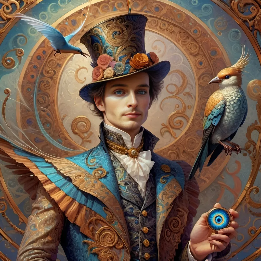 Prompt: a painting of a colorful bird with a circular background and a gold ring around it's neck and a blue eye, Android Jones, psychedelic art, highly detailed digital painting, a detailed painting