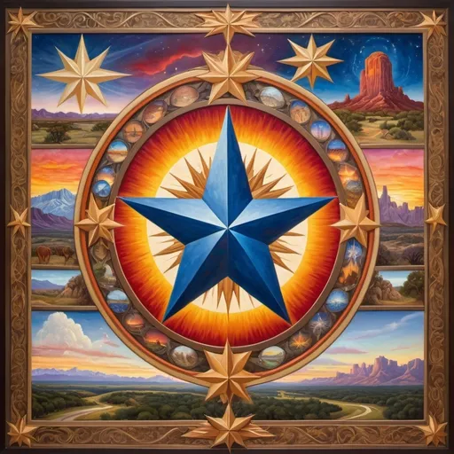 Prompt: (detailed oil painting) a radiant star at the center, surrounded by intricate representations of Texas landscapes and iconic state symbols, harmoniously integrated into a map design, (Evelyn De Morgan inspired) vivid colors, rich textures, highly detailed, showcasing regionalism, capturing the essence of Texas, artful composition, historical richness, and cultural significance, ultra-detailed, vibrant hues, breathtaking atmospheres.