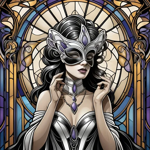 Prompt: (Honoring Nuit) solid line tracing, stained glass pattern, Art Nouveau Beauty.  Masked woman.  Mardi Gras. illustration, (7 Wonders Art Glass Studio) concept.  Simple illustration for trace and cut shapes.