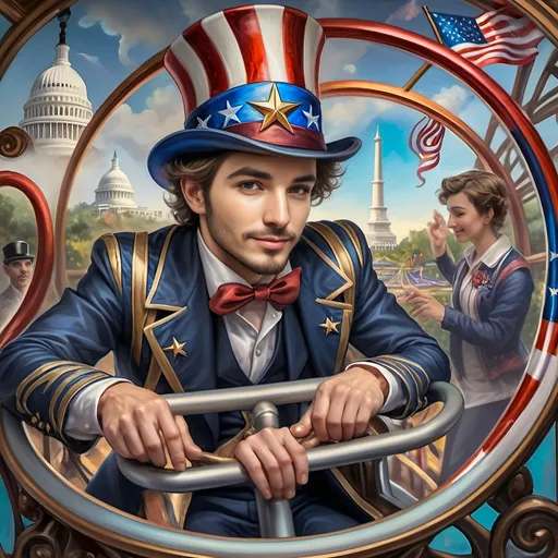 Prompt: (A Seven Wonders Art Glass Studio masterpiece) painting of a man wearing a patriotic hat, (thrilling pose) riding the Freedom rollercoaster, (vibrant colors), scenic background of Freedom Park in D.C., (dynamic movement), celebrating freedom, eternal spark of joy, whimsical ambiance, soft warm lighting, highly detailed, clarity, engaging and joyful atmosphere, surrounded by delighted visitors, landmarks in the distance.